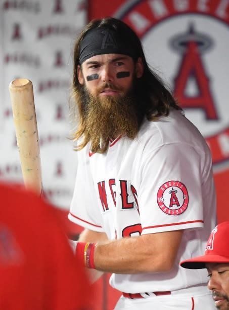 Brandon Marsh of the Los Angeles Angels in the dugout during the game against the Colorado Rockies at Angel Stadium of Anaheim on July 26, 2021 in...