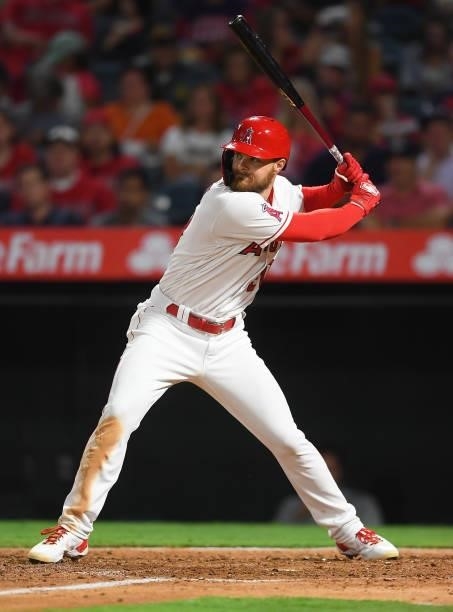 Jared Walsh of the Los Angeles Angels at bat in the game against the Colorado Rockies at Angel Stadium of Anaheim on July 26, 2021 in Anaheim,...