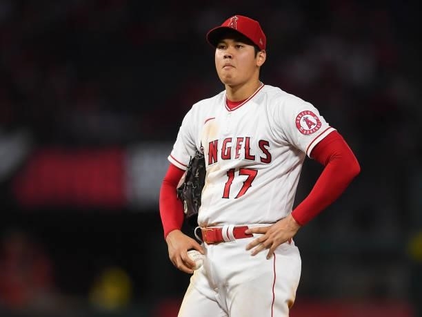 Shohei Ohtani of the Los Angeles Angels looks on from the mound during the game against the Colorado Rockies at Angel Stadium of Anaheim on July 26,...
