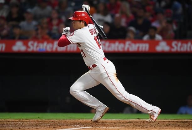 Shohei Ohtani of the Los Angeles Angels at bat in the game against the Colorado Rockies at Angel Stadium of Anaheim on July 26, 2021 in Anaheim,...