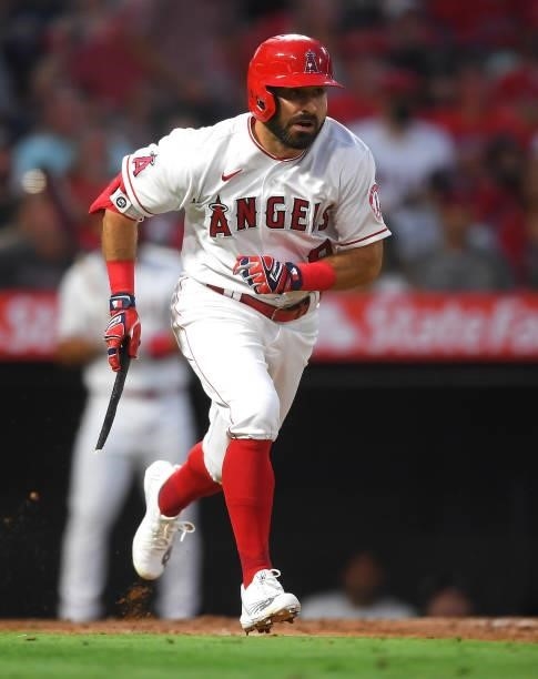 Adam Eaton of the Los Angeles Angels breaks his bat in the game against the Colorado Rockies at Angel Stadium of Anaheim on July 26, 2021 in Anaheim,...