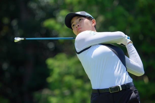 Hinako Shibuno of Japan hits her tee shot on the 17th hole during the Pro-Am ahead of Rakuten Super Ladies at Tokyu Grand Oak Golf Club on July 28,...