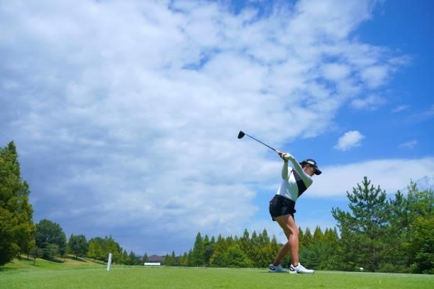 Hinako Shibuno of Japan hits her tee shot on the 18th hole during the Pro-Am ahead of Rakuten Super Ladies at Tokyu Grand Oak Golf Club on July 28,...