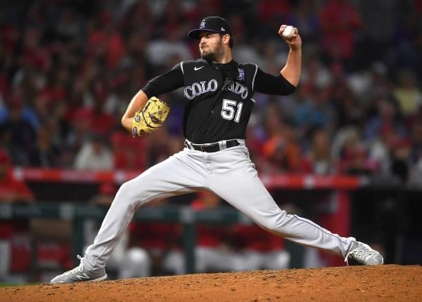 Ben Bowden of the Colorado Rockies pitches in the game against the Los Angeles Angels at Angel Stadium of Anaheim on July 26, 2021 in Anaheim,...