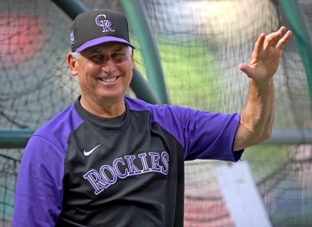 Manager Bud Black of the Colorado Rockies at the batting cage before the game against the Los Angeles Angels at Angel Stadium of Anaheim on July 26,...