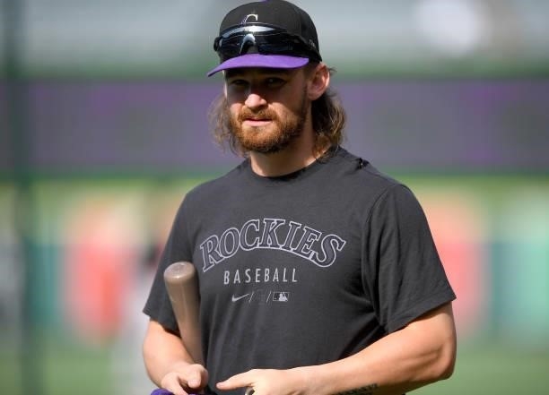 Brendan Rodgers of the Colorado Rockies warms up before the game against the Los Angeles Angels at Angel Stadium of Anaheim on July 26, 2021 in...