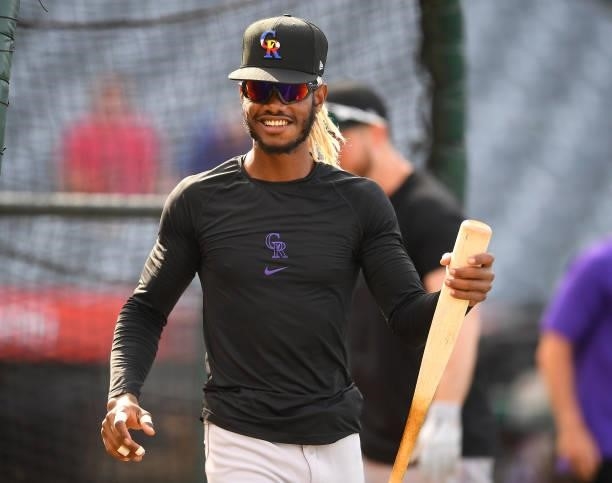 Raimel Tapia of the Colorado Rockies at the batting cage before the game against the Los Angeles Angels at Angel Stadium of Anaheim on July 26, 2021...