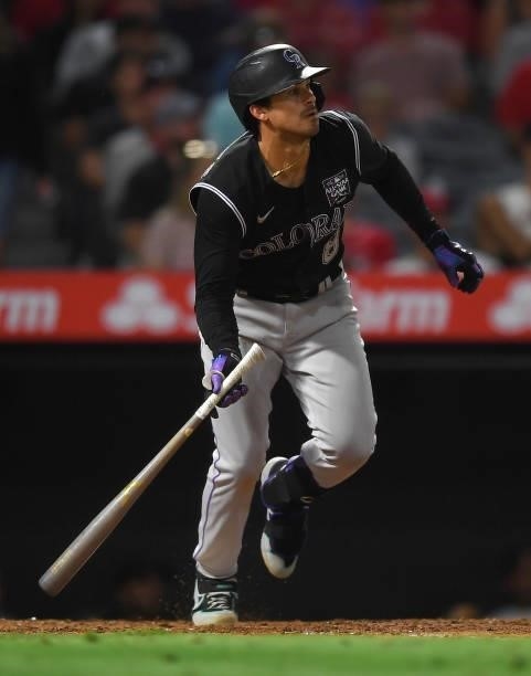 Joshua Fuentes of the Colorado Rockies at bat in the game against the Los Angeles Angels at Angel Stadium of Anaheim on July 26, 2021 in Anaheim,...