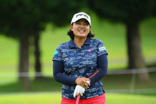 Ai Suzuki of Japan smiles on the 9th hole during the Pro-Am ahead of Rakuten Super Ladies at Tokyu Grand Oak Golf Club on July 28, 2021 in Kato,...