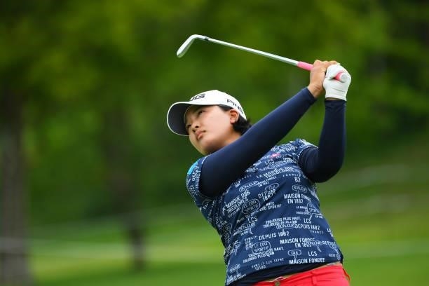 Ai Suzuki of Japan hits her second shot on the 9th hole during the Pro-Am ahead of Rakuten Super Ladies at Tokyu Grand Oak Golf Club on July 28, 2021...