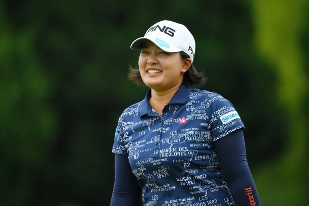 Ai Suzuki of Japan smiles on the 9th hole during the Pro-Am ahead of Rakuten Super Ladies at Tokyu Grand Oak Golf Club on July 28, 2021 in Kato,...