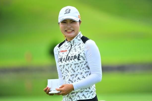 Sayaka Takahashi of Japan smiles on the 9th hole during the Pro-Am ahead of Rakuten Super Ladies at Tokyu Grand Oak Golf Club on July 28, 2021 in...