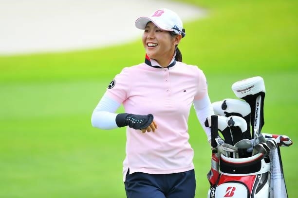 Yuri Yoshida of Japan smiles on the 9th hole during the Pro-Am ahead of Rakuten Super Ladies at Tokyu Grand Oak Golf Club on July 28, 2021 in Kato,...