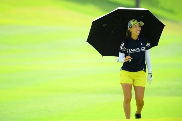 Momoko Ueda of Japan smiles on the 9th hole during the Pro-Am ahead of Rakuten Super Ladies at Tokyu Grand Oak Golf Club on July 28, 2021 in Kato,...