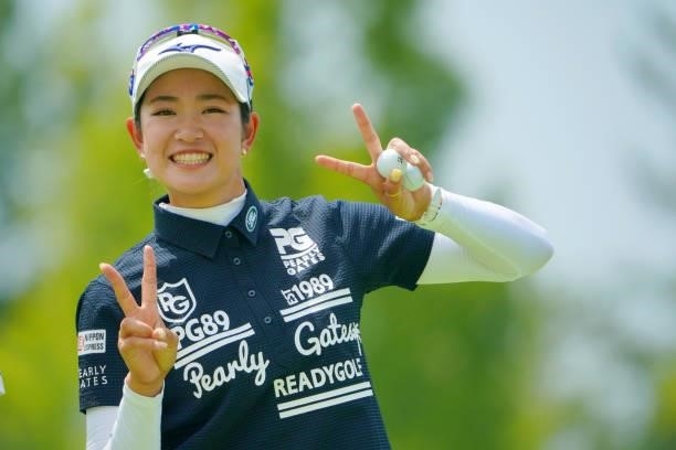 Erika Hara of Japan poses on the 18th hole during the Pro-Am ahead of Rakuten Super Ladies at Tokyu Grand Oak Golf Club on July 28, 2021 in Kato,...