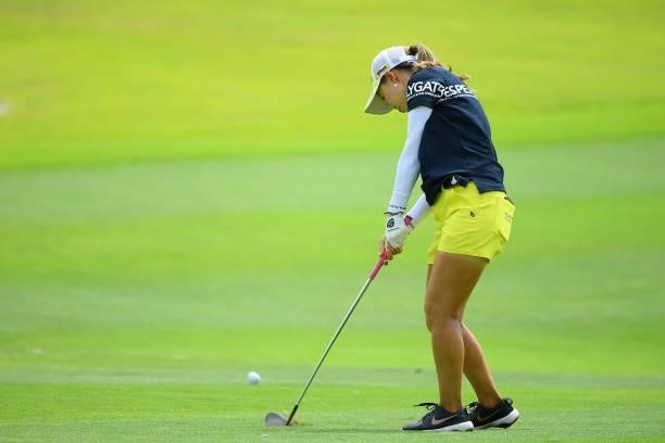 Momoko Ueda of Japan hits her second shot on the 9th hole during the Pro-Am ahead of Rakuten Super Ladies at Tokyu Grand Oak Golf Club on July 28,...