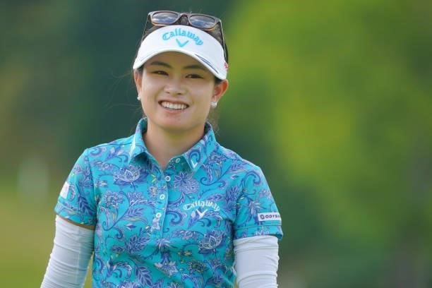 Yui Kawamoto of Japan smiles on the 18th green during the Pro-Am ahead of Rakuten Super Ladies at Tokyu Grand Oak Golf Club on July 28, 2021 in Kato,...