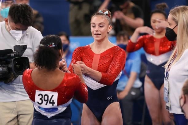 Grace McCallum congratulates teammate Jordan Chiles of United States of America competing on Women's Team Final during the Tokyo 2020 Olympic Games...