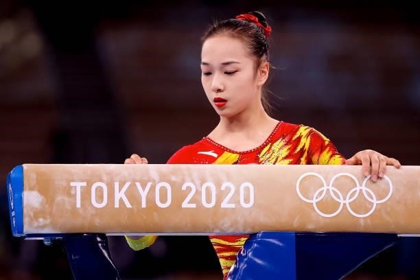 Jin Zhang of China competing on Women's Team Final during the Tokyo 2020 Olympic Games at the Ariake Gymnastics Centre on July 27, 2021 in Tokyo,...