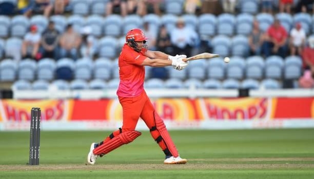 Jonny Bairstow of Welsh Fire bats during The Hundred match between Welsh Fire Men and Southern Brave Men at Sophia Gardens on July 27, 2021 in...
