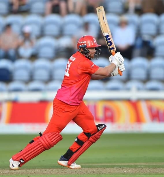 Jonny Bairstow of Welsh Fire bats during The Hundred match between Welsh Fire Men and Southern Brave Men at Sophia Gardens on July 27, 2021 in...