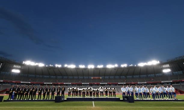 Team New Zealand, Team Fiji and Team Argentina pose on day five of the Tokyo 2020 Olympic Games at Tokyo Stadium on July 28, 2021 in Chofu, Tokyo,...