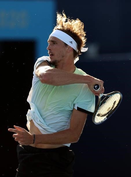 Alexander Zverev of Team Germany plays a forehand during his Men's Singles Third Round match against Nikoloz Basilashvili of Team Georgia on day five...