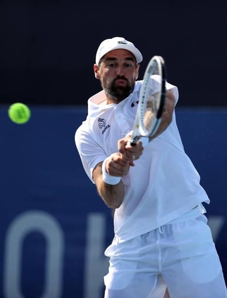 Jeremy Chardy of Team France plays a backhand during his Men's Singles Third Round match against Liam Broady of Team Great Britain on day five of the...