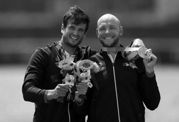 Gold medalists Matthieu Androdias and Hugo Boucheron of Team France pose with their medals during the medal ceremony for the Men's Double Sculls...