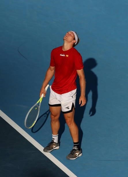 Alejandro Davidovich Fokina of Team Spain reacts after a point during his Men's Singles Third Round match against Novak Djokovic of Team Serbia on...