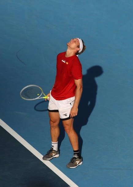 Alejandro Davidovich Fokina of Team Spain reacts after a point during his Men's Singles Third Round match against Novak Djokovic of Team Serbia on...