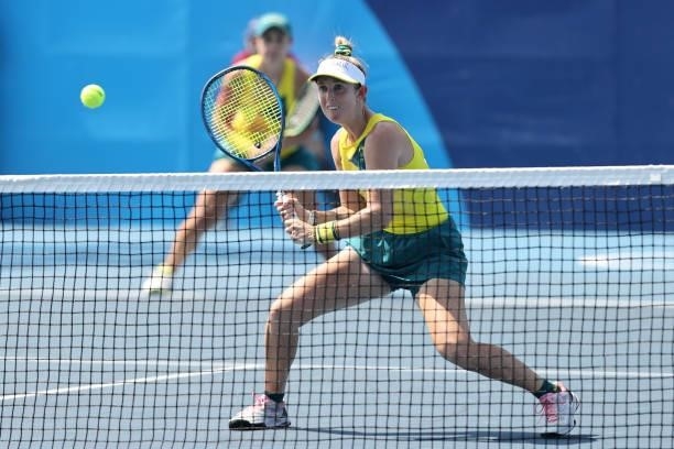Ashleigh Barty of Team Australia and Storm Sanders of Team Australia play against Barbora Krejcikova of Team Czech Republic and Katerina Siniakova of...