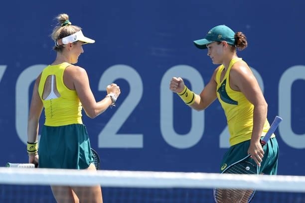 Ashleigh Barty of Team Australia and Storm Sanders of Team Australia play against Barbora Krejcikova of Team Czech Republic and Katerina Siniakova of...