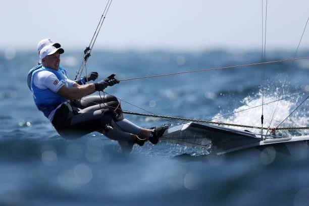 Dylan Fletcher and Stuart Bithell of Team Great Britain competes in the Men's Skiff 49er class on day five of the Tokyo 2020 Olympic Games at...
