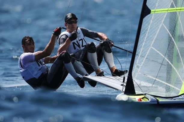Peter Burling and Blair Tuke of Team New Zealand compete in the Men's Skiff 49er class on day five of the Tokyo 2020 Olympic Games at Enoshima Yacht...
