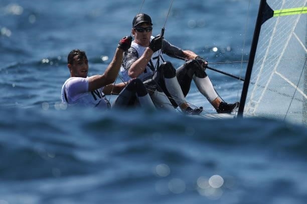 Peter Burling and Blair Tuke of Team New Zealand compete in the Men's Skiff 49er class on day five of the Tokyo 2020 Olympic Games at Enoshima Yacht...