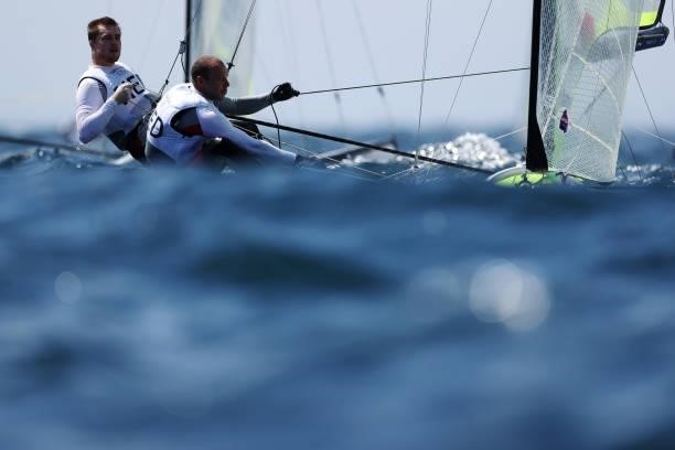 Bart Lambriex and Pim van Vugt of Team Netherlands compete in the Men's Skiff 49er class on day five of the Tokyo 2020 Olympic Games at Enoshima...