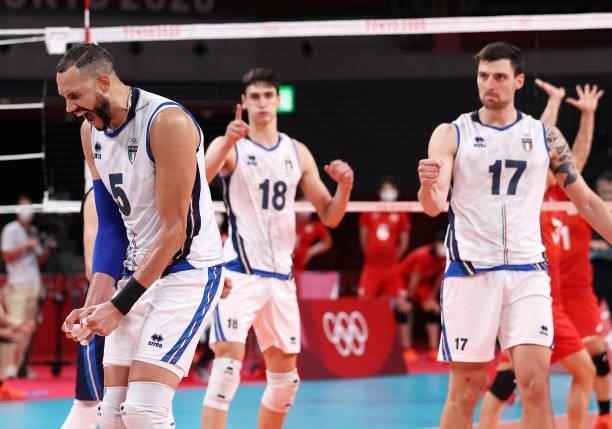 Osmany Juantorena of Team Italy reacts with team mates as they compete against Japan during the Men's Preliminary Round - Pool A volleyball on day...