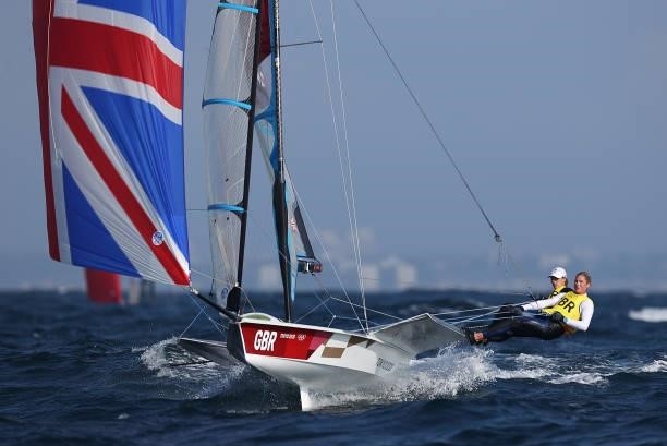 Charlotte Dobson and Saskia Tidey of Team Great Britain compete in the Women's Skiff - 49er class on day five of the Tokyo 2020 Olympic Games at...
