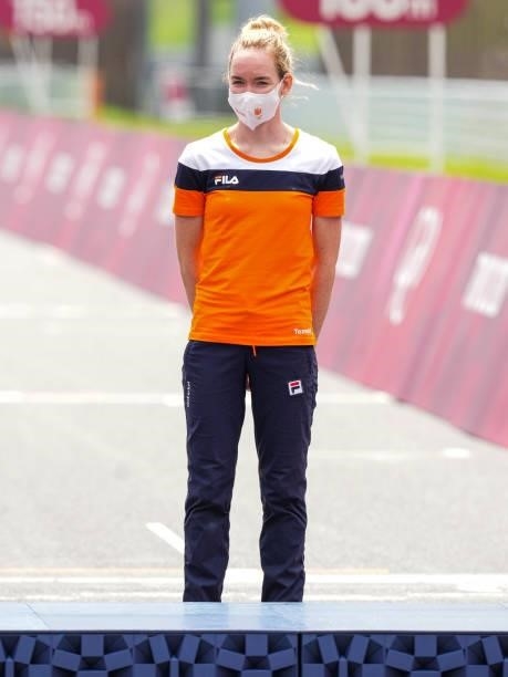 Bronze medallist Anna van der Breggen of Team Netherlands pose during the medal ceremony for the Women's Individual Time Trial during day 5 of the...