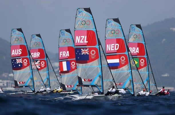 Women's Skiff - 49er class race gets underway on day five of the Tokyo 2020 Olympic Games at Enoshima Yacht Harbour on July 28, 2021 in Fujisawa,...