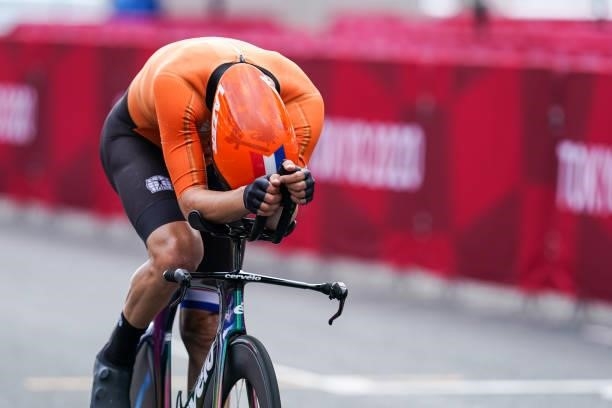Tom Dumoulin of the Netherlands competing on Men's Individual Time Trial during the Tokyo 2020 Olympic Games at the Fuji International Speedway on...