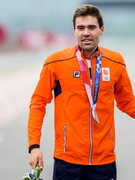 Tom Dumoulin of the Netherlands with his silver medal competing on Men's Individual Time Trial during the Tokyo 2020 Olympic Games at the Fuji...