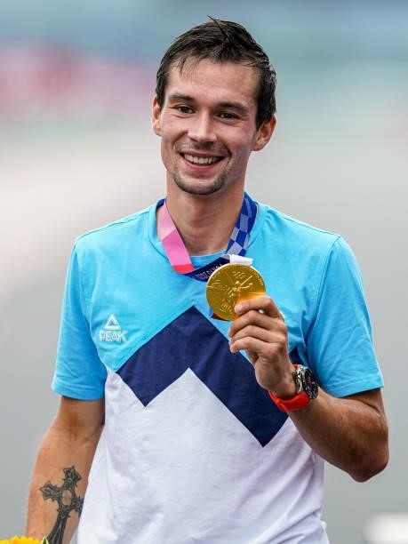 Primoz Roglic of Slovenia with his goal medal competing on Men's Individual Time Trial during the Tokyo 2020 Olympic Games at the Fuji International...