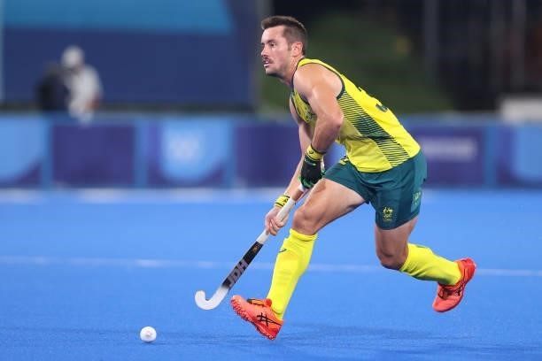 Jeremy Thomas Hayward of Team Australia runs with the ball during the Men's Preliminary Pool A match between Australia and New Zealand on day five of...