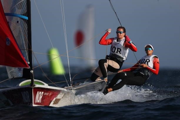 Helene Naess and Marie Roenningen of Team Norway compete in the Women's Skiff - 49er class on day five of the Tokyo 2020 Olympic Games at Enoshima...