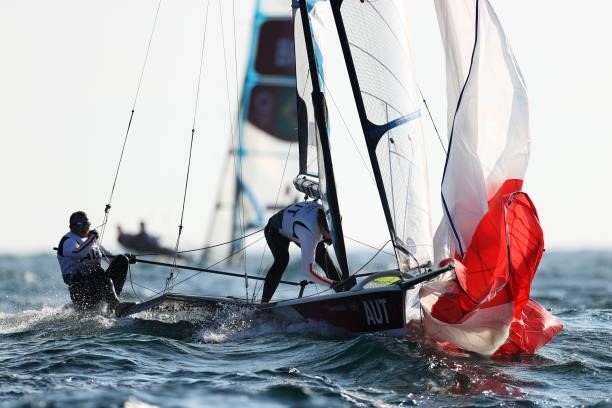 Tanja Frank and Lorena Abicht of Team Austria compete in the Women's Skiff - 49er class on day five of the Tokyo 2020 Olympic Games at Enoshima Yacht...