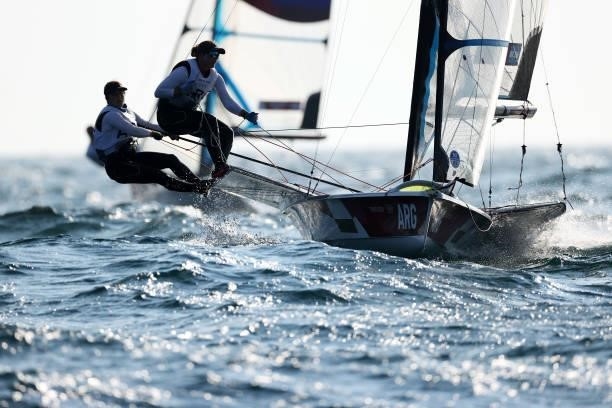 Victoria Travascio and Maria Sol Branz of Team Argentina compete in the Women's Skiff - 49er class on day five of the Tokyo 2020 Olympic Games at...