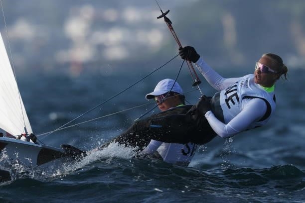 Olivia Bergstrom and Lovisa Karlsson of Team Sweden compete in the Women's 470 class on day five of the Tokyo 2020 Olympic Games at Enoshima Yacht...