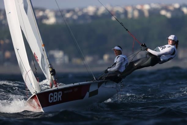 Hannah Mills and Eilidh McIntyre of Team Great Britain compete in the Women's 470 class on day five of the Tokyo 2020 Olympic Games at Enoshima Yacht...